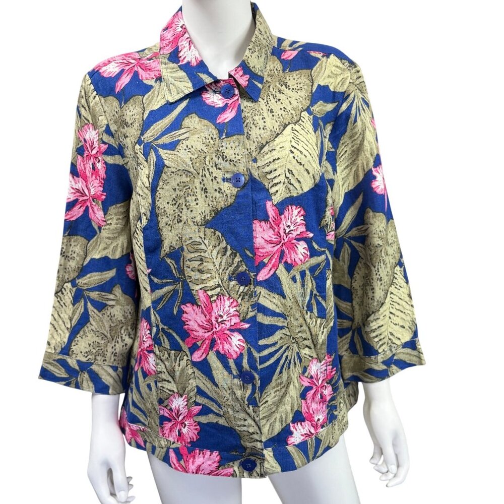 Chicos Tahiti Tropics Linen Jacket 3/4 Sleeve Size 2/L Corsican Blue Floral Prin